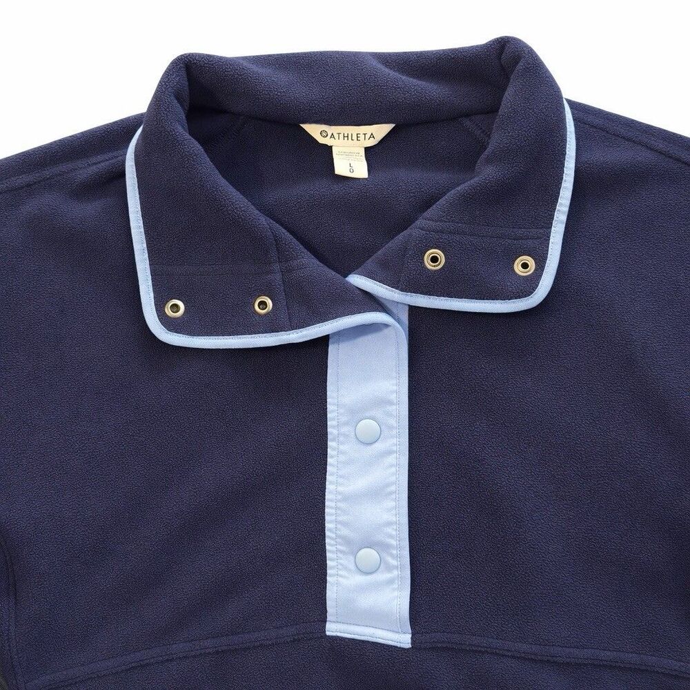 Athleta Womens L Navy Fleece Snap Neck Pullover Cropped Zip Pockets - Picture 2 of 5